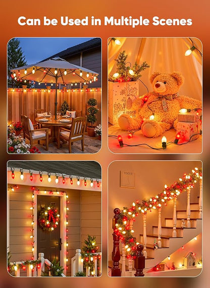 C9 LED Christmas Lights Outdoor, 100 Feet C9 String Lights with 100 Shatterproof Matte Bulbs, Connectable Waterproof Christmas Tree Lights for Holiday Roofline Backyard Garden Decor, Red & Warm White