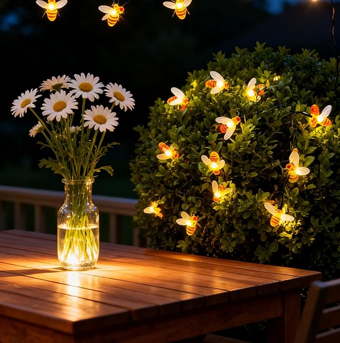 Vigdur 2 Pack Solar Bee String Lights Outdoor, 10 LED 3D Bee Fairy Lights, IP44 Waterproof Solar Powered for Windows, Fences, Patios, Christmas, Weddings & Party Decor (Warm White)