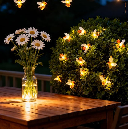 Vigdur 2 Pack Solar Bee String Lights Outdoor, 10 LED 3D Bee Fairy Lights, IP44 Waterproof Solar Powered for Windows, Fences, Patios, Christmas, Weddings & Party Decor (Warm White)