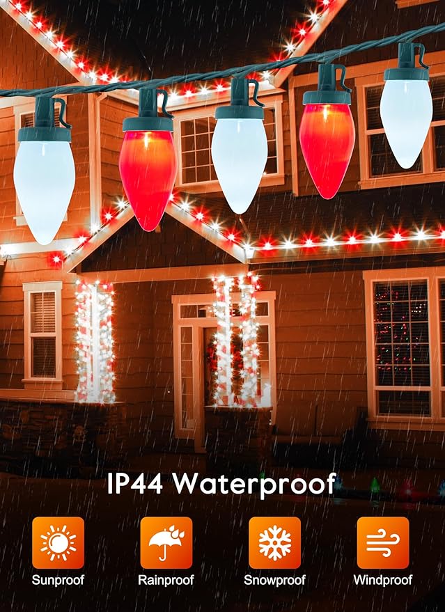 Moonflor C9 LED Christmas Lights Outdoor, 50 Feet 50 LED Strawberry String Lights with 50 Spring Clamps, Waterproof Commercial Grade Extendable for Indoor Outdoor,Red and Pure White