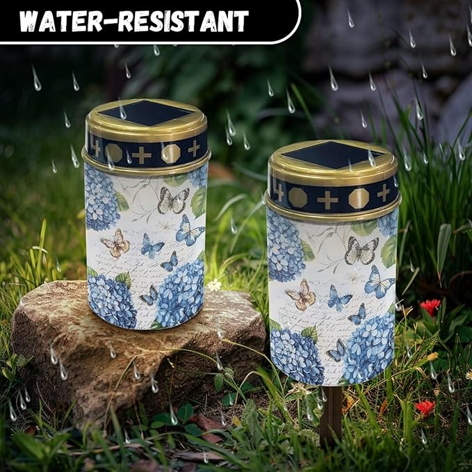 Outdoor Solar Garden Lights,Butterfly Blue Flowers Waterproof Solar Outdoor Lights,Solar Stake Lights for Cemetery Grave Garden Patio Yard Lawn Decoration