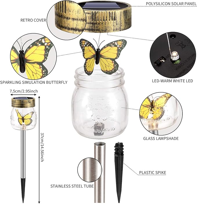 SUNWIND Solar Garden Lights Outdoor Decorative - 3 Pack Decorative Butterfly Glass Jar Lights for Pathway, Lawn, Yard