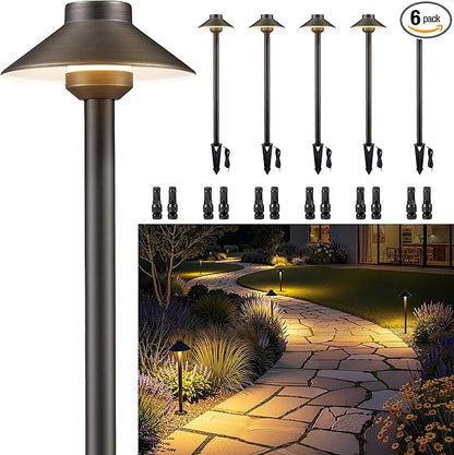 Gardenreet Brass Low Voltage Pathway Lights - 12V Landscape Path Lights Wired, LED Walkway Light Waterproof IP65, Hat Shaped ‎Classic Bronze for Outdoor Entrance Garden G4 Bulb Not Included (6 Pack)