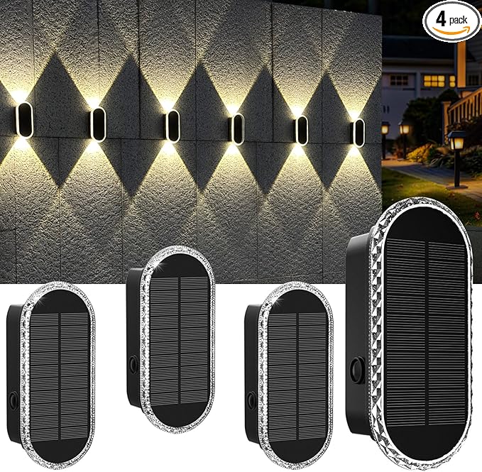 Solar Fence Lights Outdoor, 3000K/4000K/6000K 3 Modes Solar Wall Lights Outdoor Waterproof, Up&Down Dual-Head Outdoor Solar Lights for Yard House Fence Backyard Deck Garden Patio Porch, 4 PK