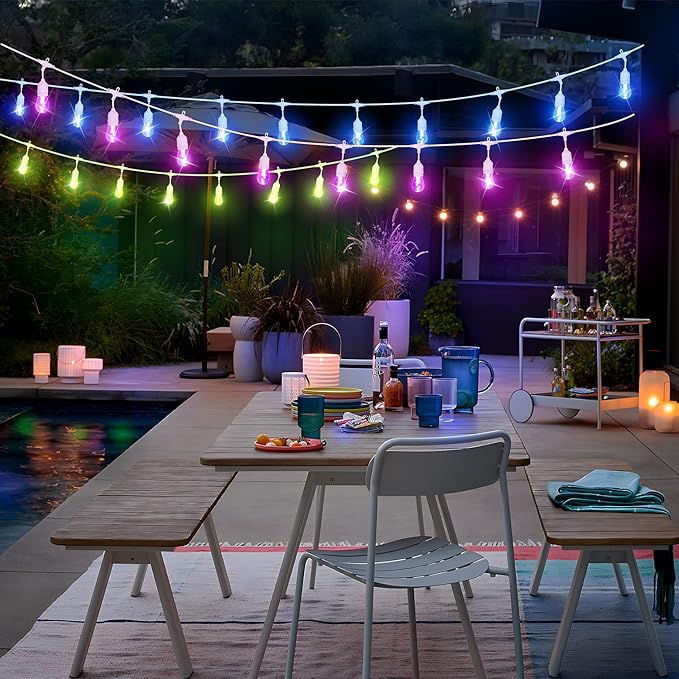 100FT(2x50FT) RGB Solar Outdoor String Lights with Remote, Dimmable Waterproof Patio Lights with 30 Bulbs for Porch | Lumora