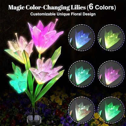 Solar Powered Lily Flower Lights Outdoor, Waterproof Color Changing Garden Lights with Large Solar Panel, 2 Pack for Patio, Yard, Pathway Decoration