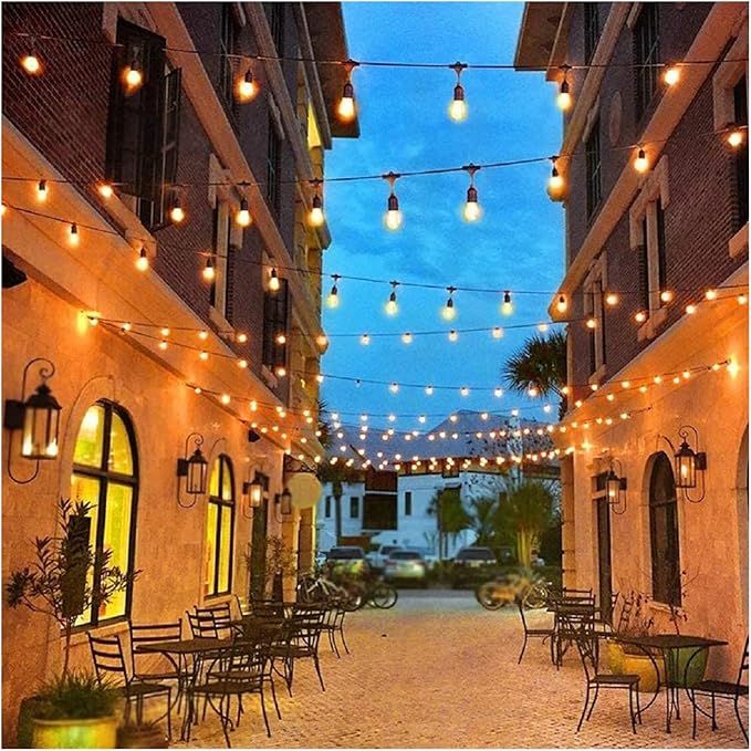 LED S14 Outdoor String Lights Mains Powered, 49FT Heavy Duty Commercial Grade IP65 Festoon Lights with 15Pcs 2W LED Edison Bulbs E27 Base Perfect for Party, Backyard, Cafe, Wedding, Christmas