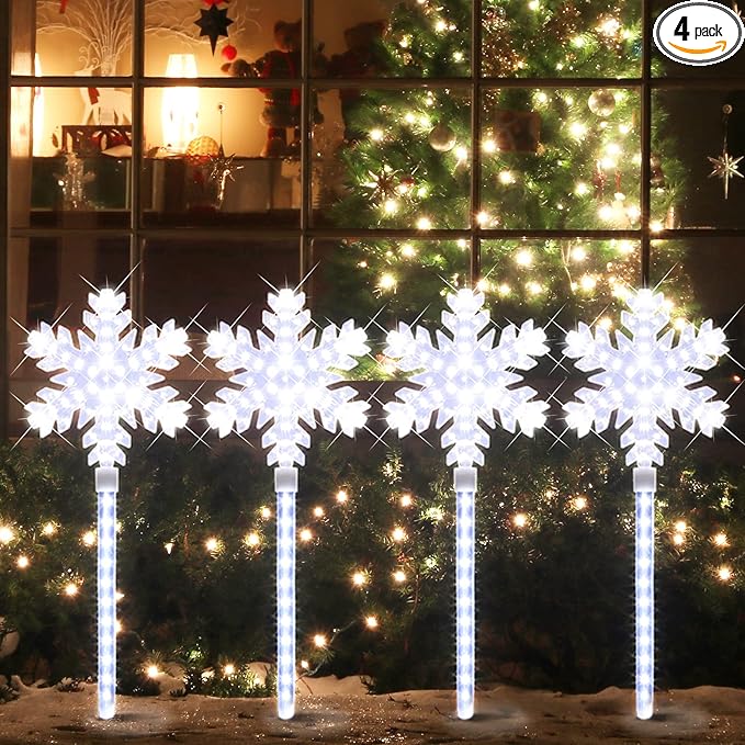 LAMPHOME Shooting 17" 568LED Snowflake Lawn Stake Light Super-Bright White 4 Stakes Total Christmas Outdoor Decoration with UL Standard Adaptor for Outdoor Pathway Lawn Holiday Party Home