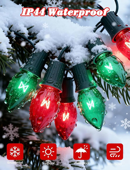 25ft Red and Green Outdoor Christmas Lights,C9 Vintage Christmas String Lights with 26 Red Green Bulbs(1 Spare),Waterproof Hanging Christmas Lights for Roofline Tree Backyard Decor