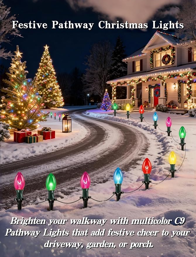 38FT C9 Christmas Stake Lights Outdoor,25 Pack Weatherproof Christmas Pathway Lights with C9 Multicolor Bulbs and Stakes for Garden Lawn Backyard Snowfield Xmas Decorations