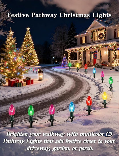 38FT C9 Christmas Stake Lights Outdoor,25 Pack Weatherproof Christmas Pathway Lights with C9 Multicolor Bulbs and Stakes for Garden Lawn Backyard Snowfield Xmas Decorations