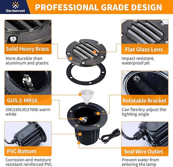 Gardenreet Brass Low Voltage In Ground Lights Kit(6 Pack) with MR16 Bulb & 100Feet Wire & Connectors, 12V AC/DC LED | Lumora