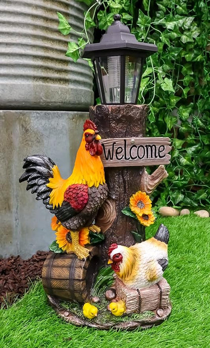 Ebros Country Farm Rooster Hen and Chicks Family by Sunflowers Solar LED Light Lantern Welcome Sign Statue Path Lighter 18.25" Tall