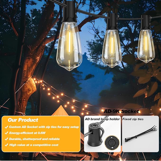 100 FT Commercial Grade Outdoor String Lights with 52 Shatterproof Waterproof LED Edison Bulbs Hanging Lights for | Lumora