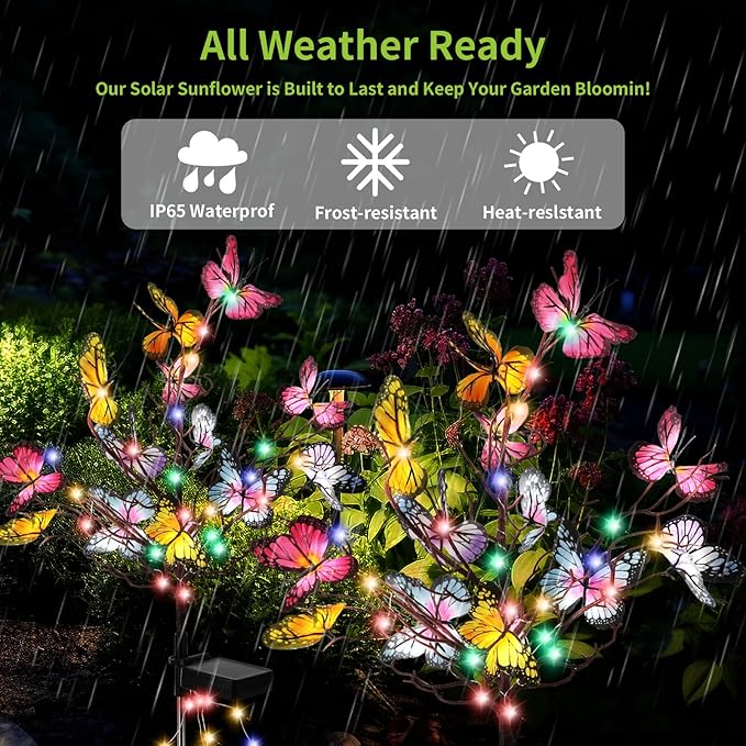 Solar Butterfly Lights, 2 Pack Solar Garden Lights Outdoor, Outdoor Garden Waterproof with Solar Butterfly Stake, Solar Outdoor Decor Light for Landscape, Pathway, Yard (Colorful Light)