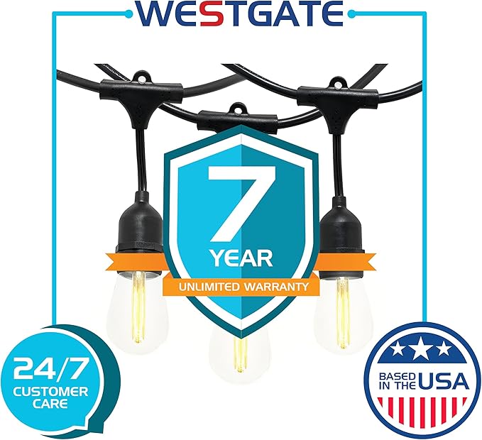 Westgate Lighting 24Ft Indoor/Outdoor Linkable LED String Lights, Commercial Grade with 12 Sockets & LED Bulbs – Bistro, Pergola, Deck, Patio, Market, Cafe, Gazebo, Party Decor