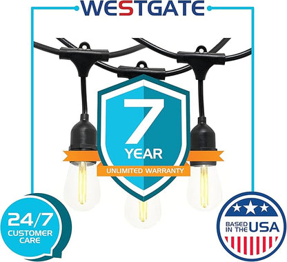 Westgate Lighting 24Ft Indoor/Outdoor Linkable LED String Lights, Commercial Grade with 12 Sockets & LED Bulbs – Bistro, Pergola, Deck, Patio, Market, Cafe, Gazebo, Party Decor