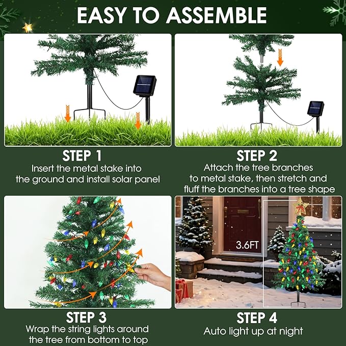 Solar Christmas Trees Decorations, Solar Powered Xmas Tree Lights Outdoor Waterproof with 50 LEDs and 8 Modes for Yard, Lawn, Pathway, Garden, Front Porch, Cemetery, Graveside Decor (2 Pack)