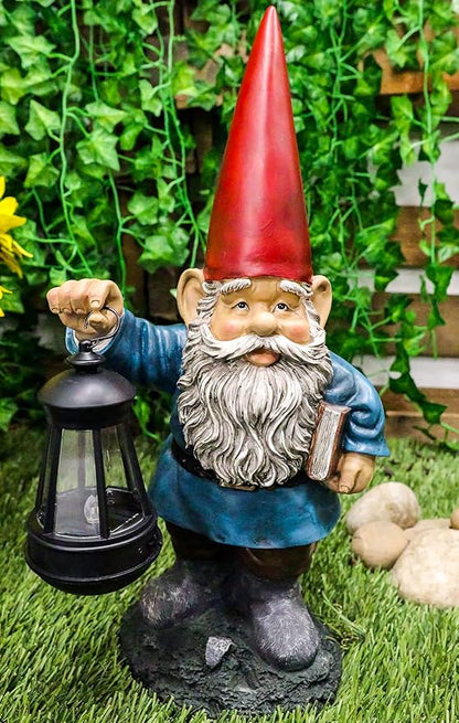 Ebros Gift Whimsical Enchanter Gnome Holding Book of Spells Statue 17.25" H Solar Path LED Light Garden Greeter Figurine Home Decorative Patio Figurine Courtesy Light