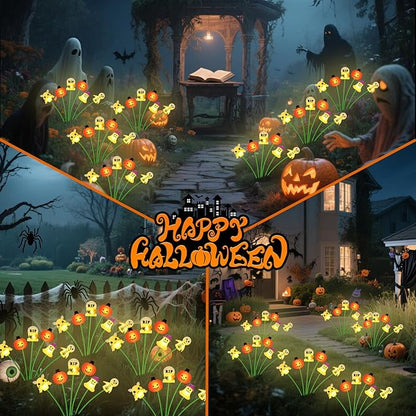 Halloween Solar Garden Lights Outdoor, 4 Pack 24 LED Firefly Swaying Lights with Pumpkin Ghost Skeleton Tombstone Decor, 6 Heads Waterproof Pathway Yard Lawn Graveyard Decorations(4 Pack-HW LEDs)