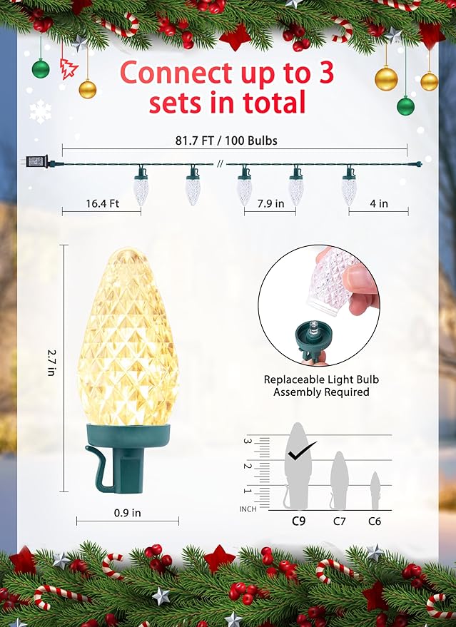 C9 LED Christmas Lights Outdoor, 81 Feet 100 LED String Lights With Timer & 8 Lighting Mode, Waterproof Commercial | Lumora