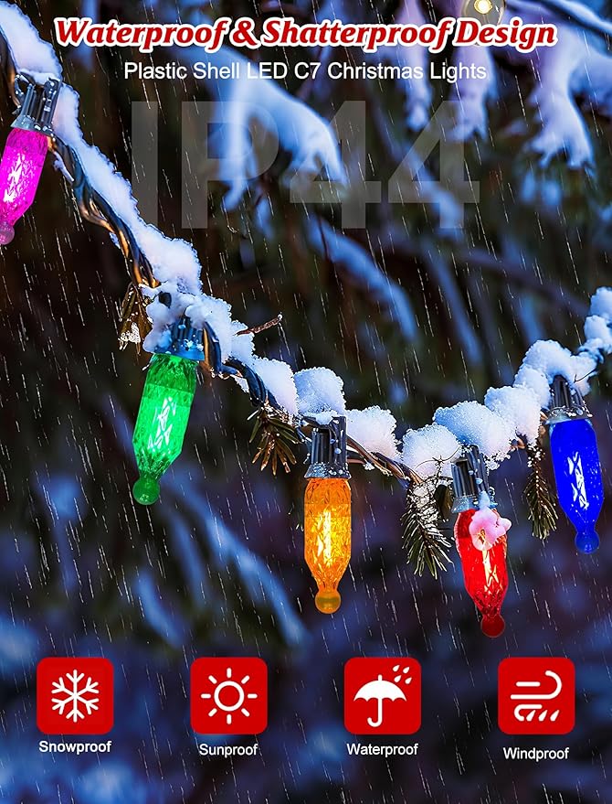 SUNSGNE 25FT Colored Christmas Lights with 25 LED Diamond Shatterproof Multicolor Bulbs, Colorful Christmas Lights for Patio Yard Porch Balcony Gazebo Xmas Decorations, E12 Socket