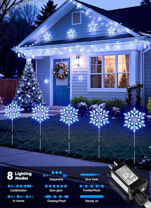 Brightown Snowflake Lights Outdoor, 10 Large Snowflake Christmas Pathway Lights, Christmas Decorations Outside Yard Sidewalk Walkway Driveway Marker Stake, Blue & White