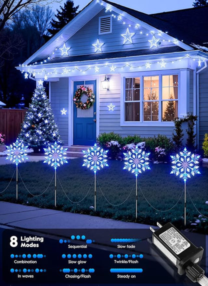 Brightown Snowflake Lights Outdoor, 10 Large Snowflake Christmas Pathway Lights, Christmas Decorations Outside Yard Sidewalk Walkway Driveway Marker Stake, Blue & White