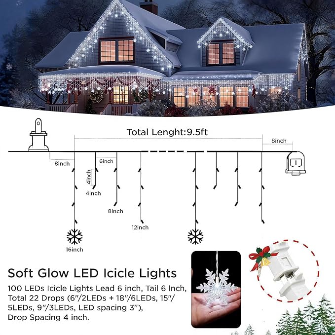 LED Christmas Lights, 70 Mini LED Icicle Lights with Snowflakes on 9.5FT - 5MM Wide Angle White Bulbs, IP68 Waterproof & ETL Certified for Outdoor/Indoor