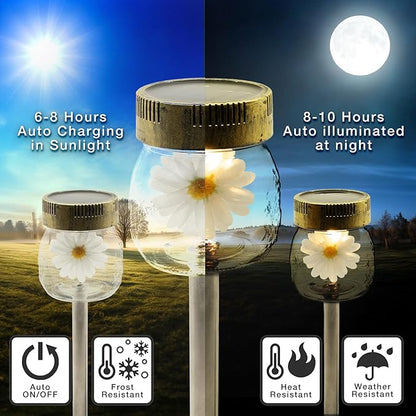 Crosslight 3-Pack Glass Daisy Flower in a Jar Stake Lights - Solar LED Waterproof Outdoor Garden Decor - Decorative Electronic Light Fixture Jars for Yard, Lawn, Patio, Deck, Pathway, Pond, Backyard
