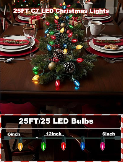 C7 LED Christmas Lights, 25Ft C7 Multicolor String Lights with 27 Clear Bulbs, LED String Lights for Christmas Tree Decor Patio, 0.6 Watt E12 Candelabra Base