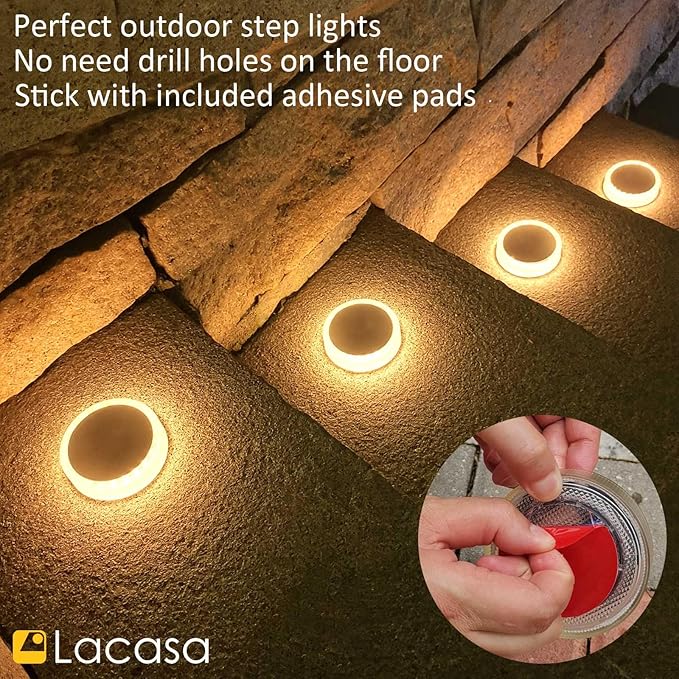 Lacasa 4-Pack Solar Deck Lights Outdoor Waterproof LED, Garden Step Lights Solar Powered Driveway Dock Lights Marine, Dusk to Dawn Lighting for Yard Patio Pathway, Round, Warm White