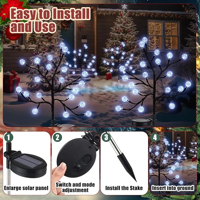 4 Pcs Outdoor Christmas Pathway Lights Decor Solar Christmas Stake Light Waterproof Outside Crystal LED Globe for Path Patio Garden Party Decor(White)