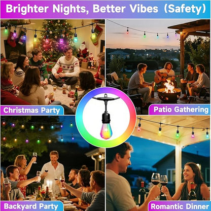 RGB Safety String Lights 100FT - Commercial Grade Low Voltage Strand with 40 S14 Shatterproof Bulbs for Tree Garden Yard bistro Cafe | RGB Party Lights & Outdoor Lights | IP65 Waterproof | UL Listed