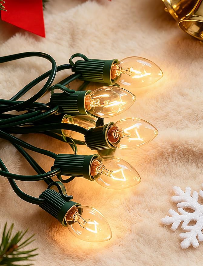 C7 Clear Christmas Lights 25FT, C7 Outdoor Patio String Lights with 27 Warm White Bulbs, Vintage Christmas Tree Lights for Roofline Roof Party Garden Decoration (Green Wire)