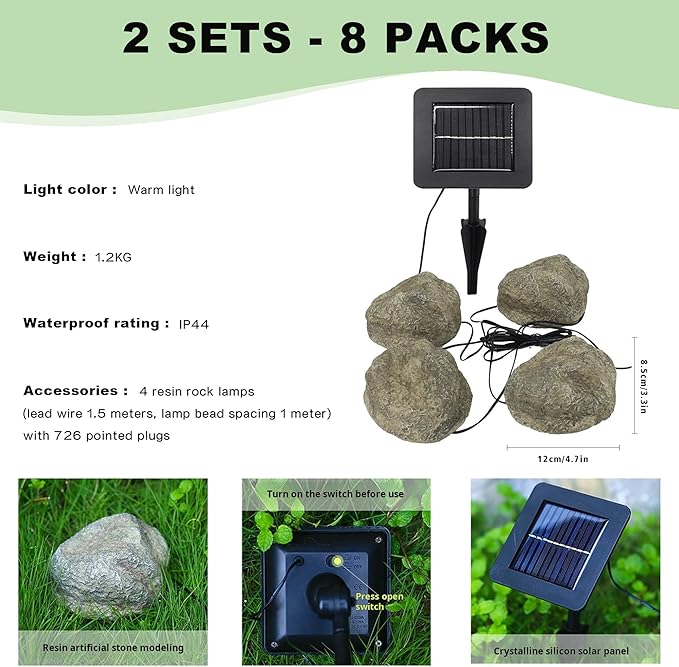 LIYAOLI Solar Rock Lights 8-Pack | Auto-Dimming & 8H Runtime | IP44 Waterproof Landscape Lighting for Garden/Pathway/Lawn (Rock - 8 Pack)