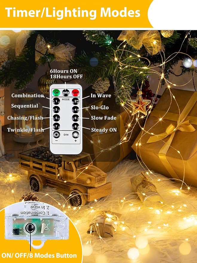 8 Pack Christmas Fairy Lights Battery Operated with Remote, Each 20FT 60LED Waterproof Twinkle Lights with Timer | Lumora