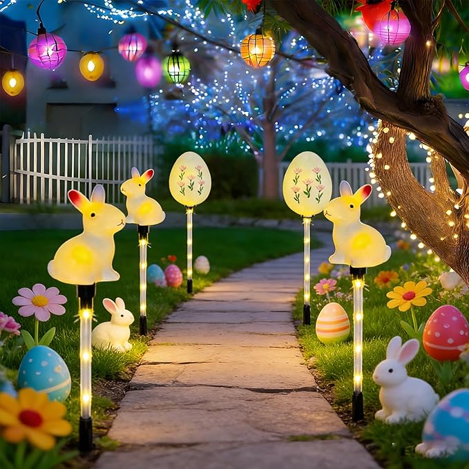 5-Pack Easter Solar Pathway Lights with Bunny & Egg Designs – Waterproof Outdoor Garden Stake Lights, Steady & Flashing Modes for Yard Decorations