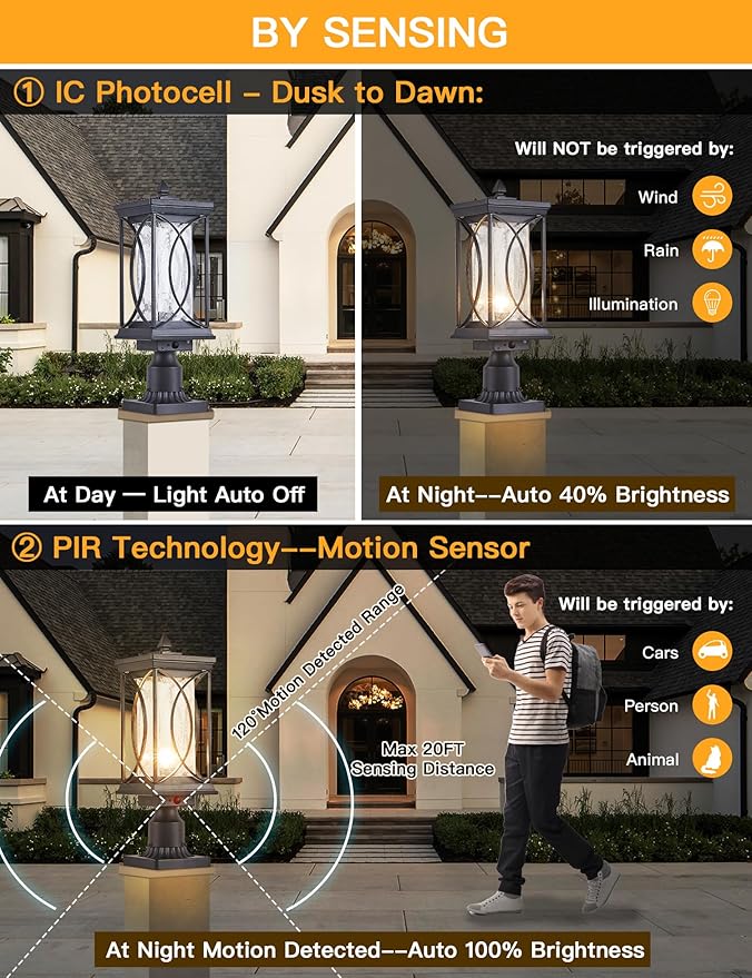 Motion Outdoor Post Lantern Dusk to Dawn Pillar Lamp with 3 Inch Pier Mount Adapter, Black Pole Light Aluminum with | Lumora