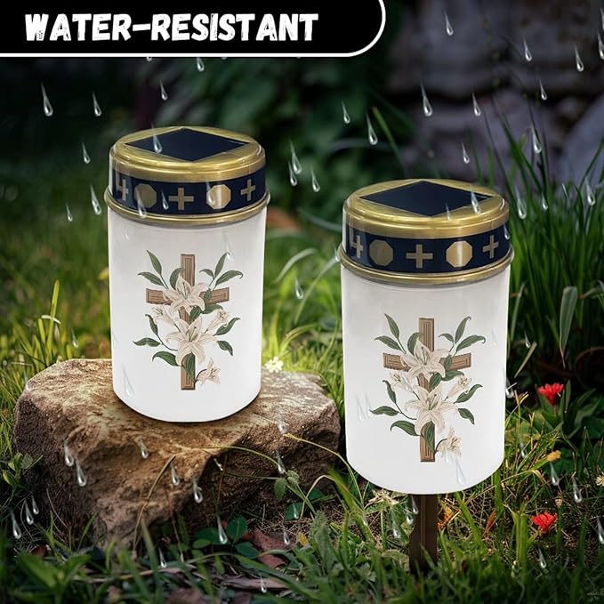 Cross Lilie Cemetery Lights for Grave Solar Waterproof Led Solar Lights for Outside Solar Cross Cemetery Grave Cemetery Candle Holder for Grave Cemetery Light Blessed Candles