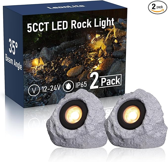 LEONLITE 5CCT LED Rock Lights Outdoor, 5W Low Voltage Landscape Spot Light for Garden, Yard, Decorative Stone Light, 12-24V AC/DC, CRI90, 200lm, IP65 Waterproof, Triangle, Light Gray, Pack of 2