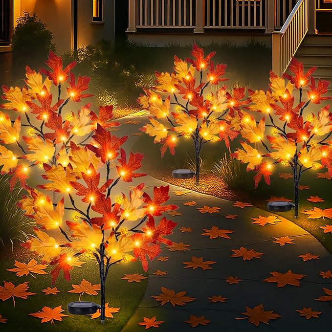 Fall Solar Pathway Lights 4PCS, Autumn Outdoor Harvest Decorations, Waterproof Maple Leaves Lights for Lawn Yard Garden Patio Walkway Driveway Landscape Lighting Auto On/Off