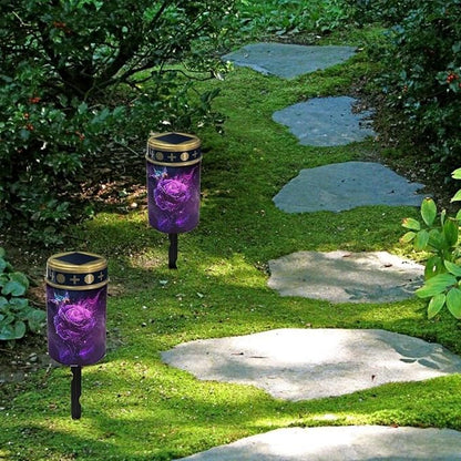 Purple Rose Garden Decor Solar Light Outdoor Stake Patio Yard Lawn Porch Pathway Grave Solar Lights for Cemetery Christmas Outside Waterproof Decorations