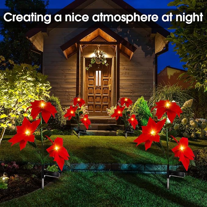 VIHOSE 4 Pieces Christmas Solar Poinsettia Stake Light Flowers Waterproof Trees Pathway Lights for Cemetery Grave Pathway Yard Garden Lawn Outdoor Xmas Decoration