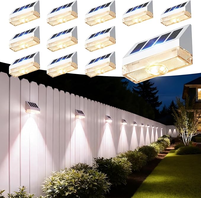 VOLISUN Solar Fence Lights 12 Pack, Vinyl Fence Lights Solar Powered with Warm White LED Spot Lens, Solar Deck Lights for Outside Wall, Deck, Patio, Yard, Rail, Garage, Pool