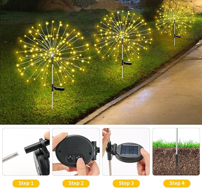 Solar Lights for Garden Decoration,Christmas 600 LED Fairy Lights Solar Powered Starburst Lamp Outdoor Firework Decorative Pathway Lighting 8 Different Modes Waterproof Warm Color 4 Pack