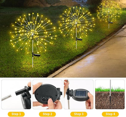 Solar Lights for Garden Decoration,Christmas 600 LED Fairy Lights Solar Powered Starburst Lamp Outdoor Firework Decorative Pathway Lighting 8 Different Modes Waterproof Warm Color 4 Pack