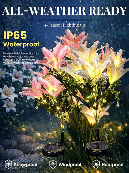 GIGALUMI Solar Garden Lights, LED Lily Garden Decor Carefree Solar Flowers Outdoor Waterproof, Yard Decorations Outdoor, Allergy-Free, Everlasting Light up Flowers for Yard Patio Garden (Set of 2)