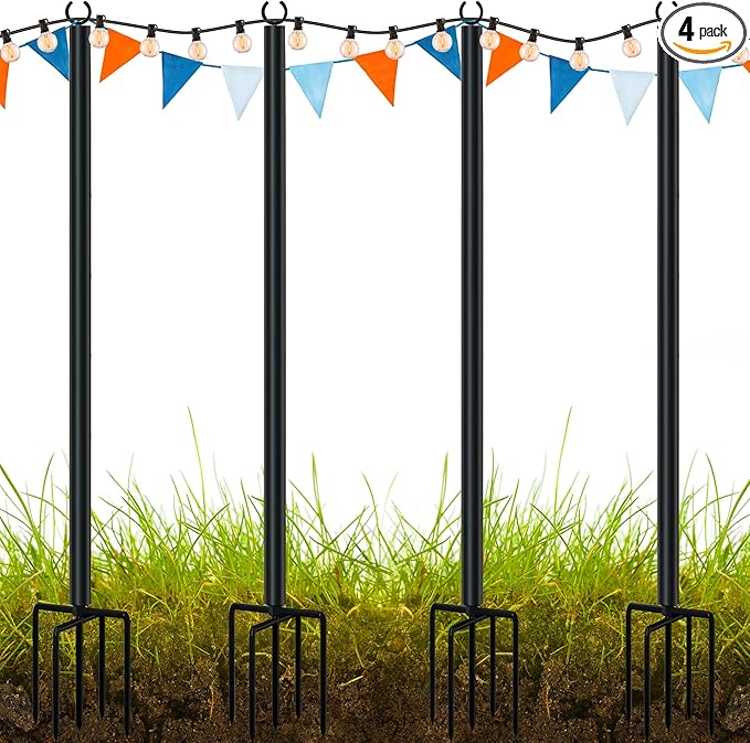 LAND·VOI Metal String Light Poles for Outside Hanging - Backyard, Garden, Patio, 4 Pack Lighting Stand with | Lumora
