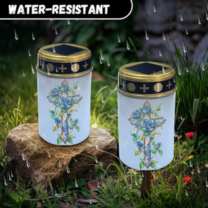 Cemetery Decorations for Grave Blue Solar Cross for Cemetery Grave Auto On/Off LED Solar Light for Landscape Outdoor Cemetery Decor Memorial Gifts 2 Pack
